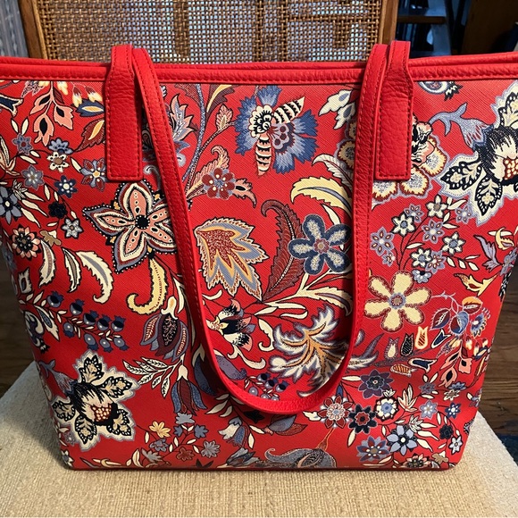 Talbots Large Red Pepper Multi Floral Zip Top Tote Bag in Red Blue Yellow White - Picture 2 of 13